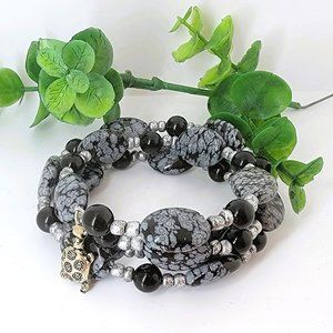 🦋Black & White Jasper Beads Turtle Charm Handmade Wrap Around Bracelet